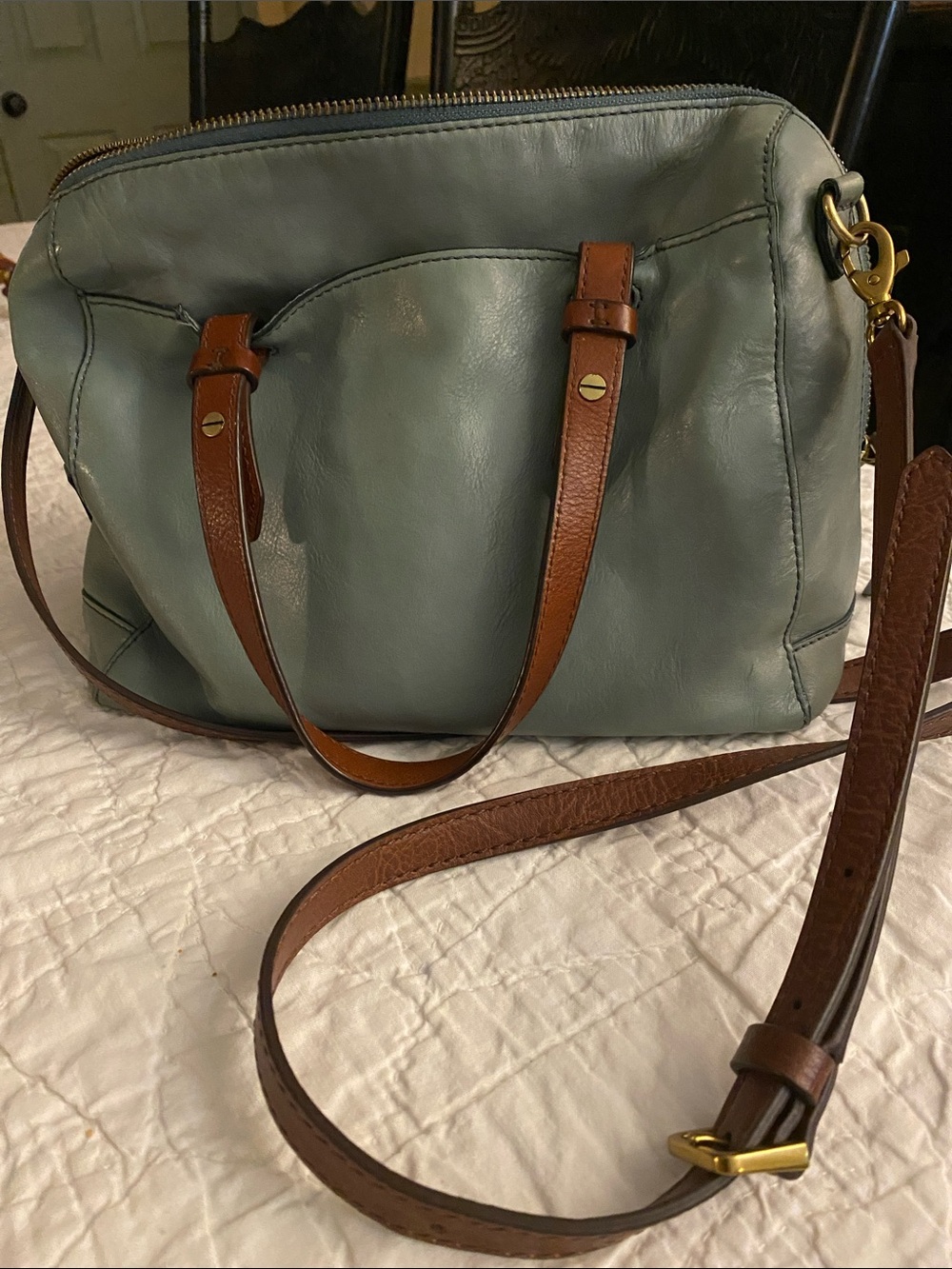 FOSSIL Leather Satchel Handbag in Slate Blue with Brown Straps